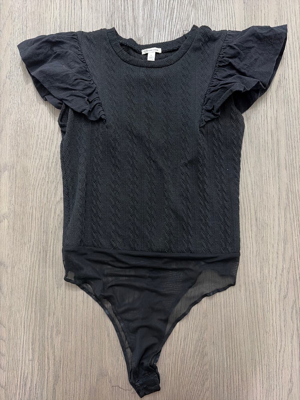 Versona Black Ruffle Sleeve Textured Mesh Thong Bodysuit Size Large